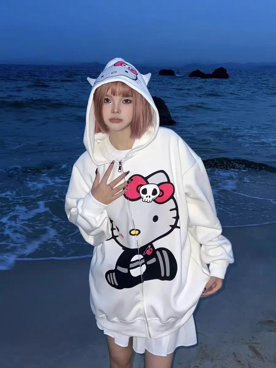 Aoger Sanrio Y2k Hello Kitty Jacket Hoodie Sweatshirt Cartoon Zipper Blouse Sweatshirts Autumn Long Sleeve Sweater  Female