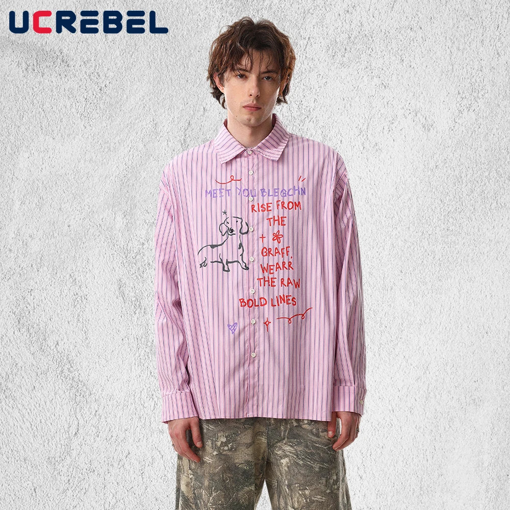 Graffiti Letter Print Striped Long Sleeve Shirts Mens Spring Retro High Street Lapel Single Breasted Loose Shirts Man