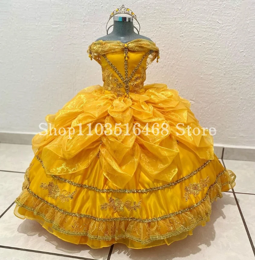 

Fantasy Princess Ball Gowns Quinceanera Dresses Gold Lace Ruffles Flower Girl Dresses Masquerade Ball Gowns Evening Gowns