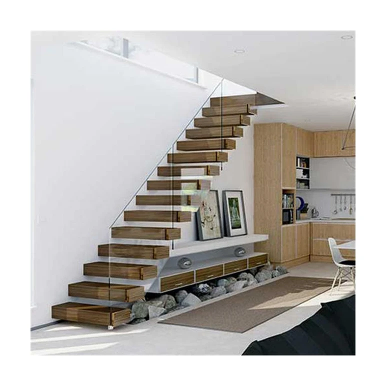 Hidden stringer wooden treads box floating straight stairs with glass rails