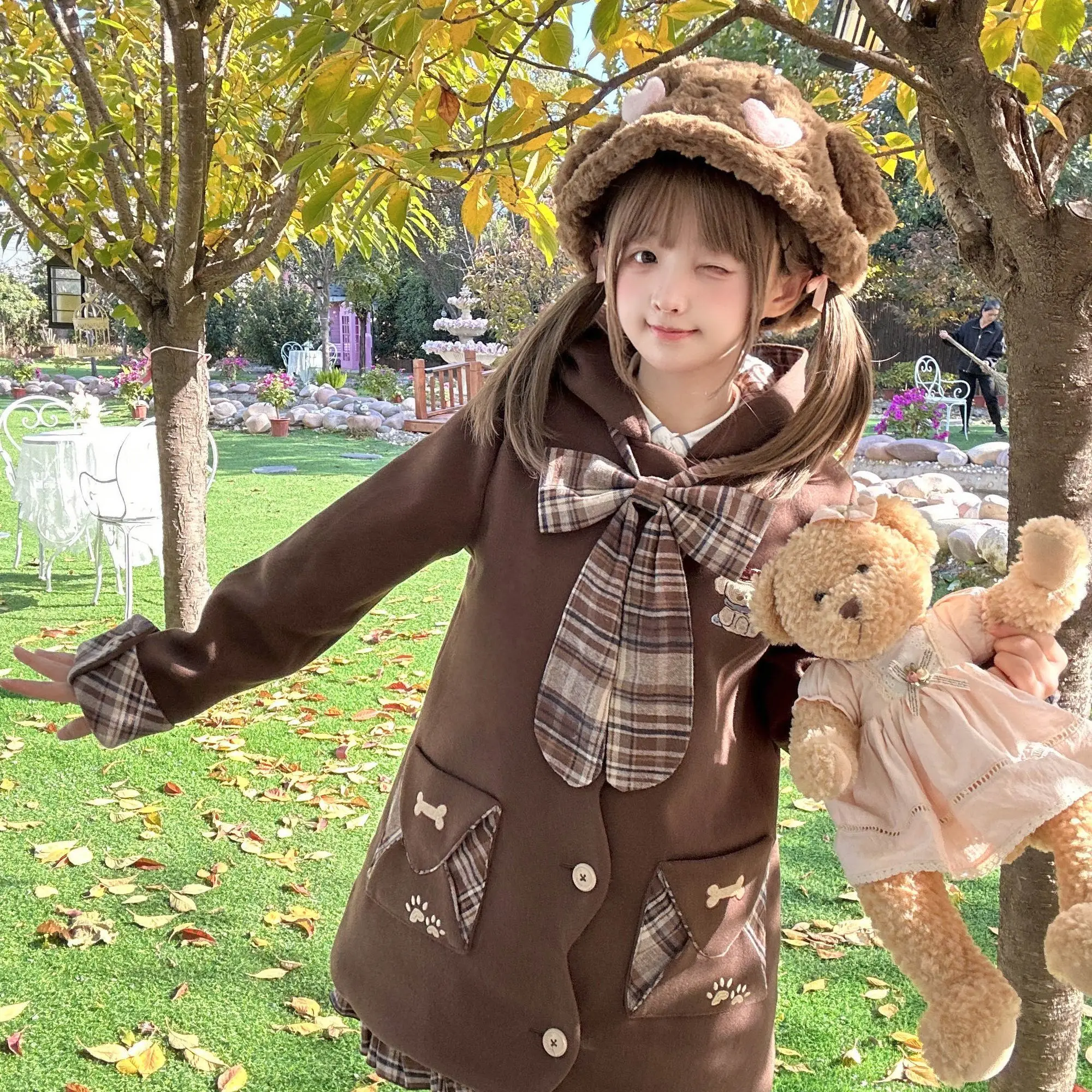 

Japan Original JK Pudding'S Woolen Coat Large Size Hooded Jacket Cute Style Autumn Winter Thickened Warm Brown Mid-Length Style
