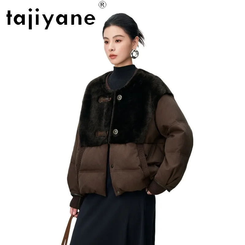 TAJIYANE Sheep Shearling Spliced Goose Down Jacket Short Fur Coat Slim Fit Puffer Jacket Winter Jackets Woman Пуховик Женский