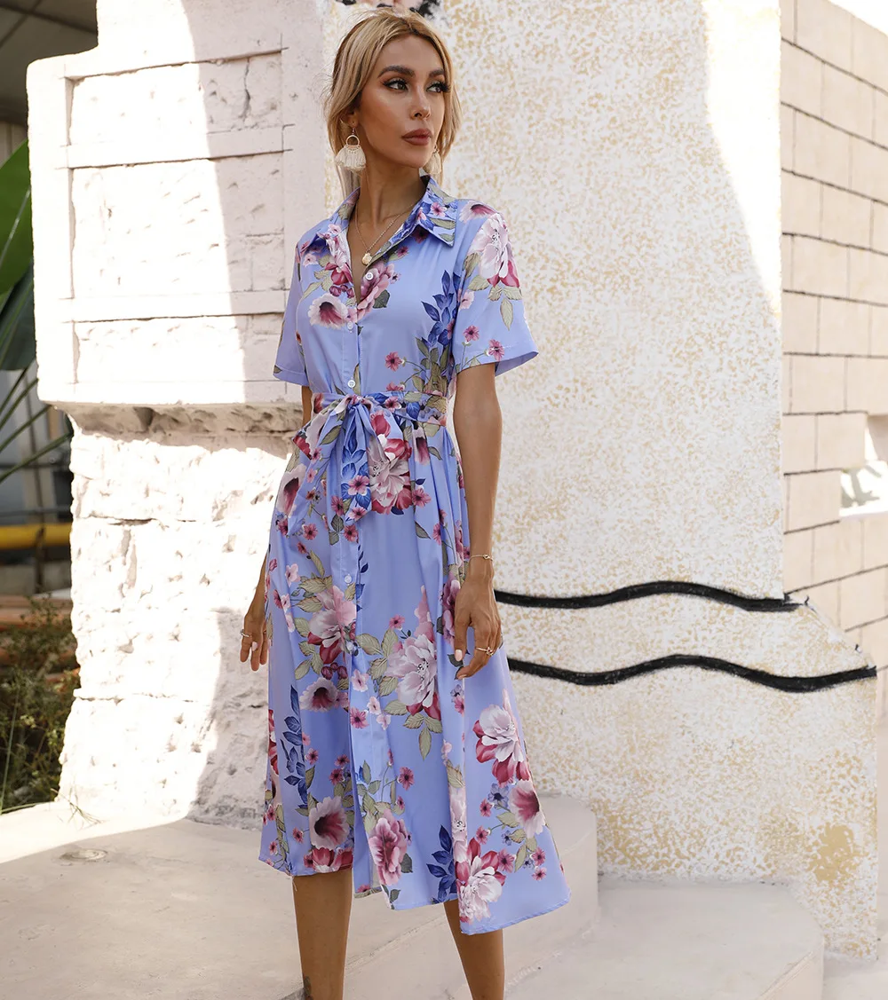 Fashion Floral Print Midi Dress Woman Spring Summer Loose Casual Short Sleeve Turn Down Collar Lace Up Dresses For Women 2023