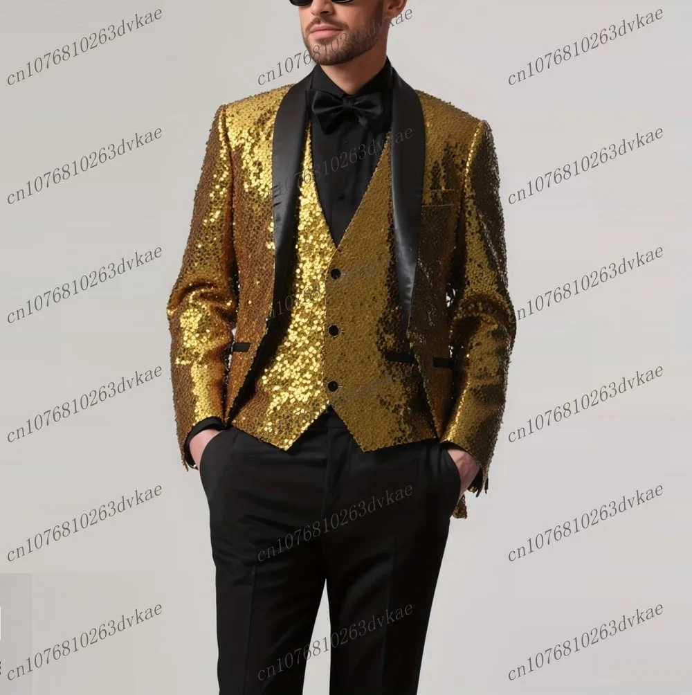 

Новый мужской костюм с золотыми пайетками и черными элементами для свадьбы, вечеринки, торжественных мероприятий, выпускного, деловых встреч, смокинг из 3 предметов: пиджак, жилет, брюки