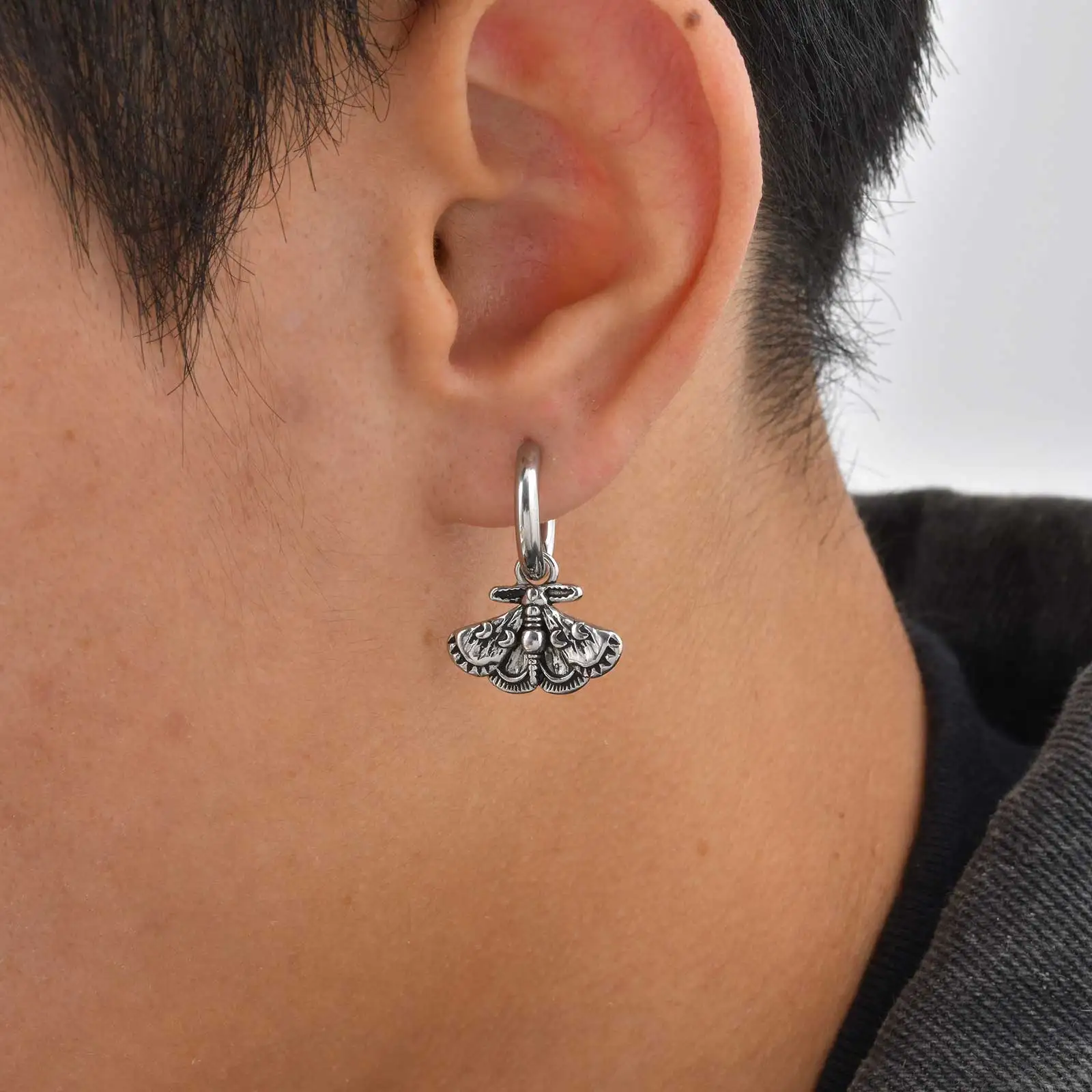 Vnox Gothic Vintage Moth Bat Hoop Earrings for Men, Stainless Steel Hypoallergenic Halloween Punk Jewelry Gift with Ear Piercing view 2