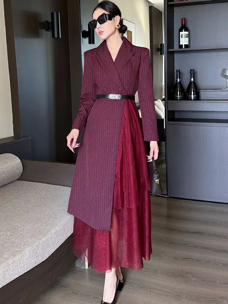 

Ele Slimming Me Stripe Suit Collar Long Sve Little Bla Dr Women's Autumn Winter High Waist Polyester Fiber Dr