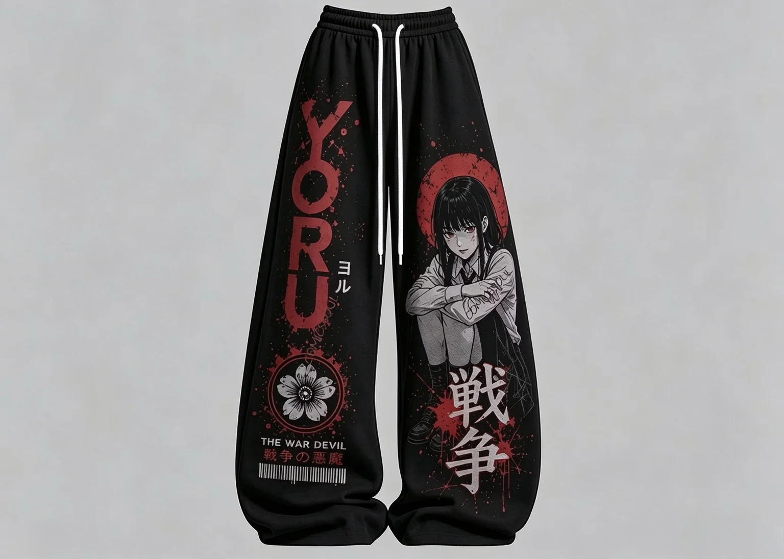 Vintage Bloody Flower Anime Print Baggy Trousers, Light Silky Drawstring Pants for Hobby Meetup & Dark Graphic Art Enthusiasts