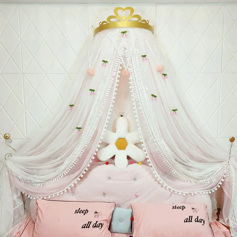 Nordic bed mantle bed curtain cute girl heart water soluble embroidery cherry hairball princess room decorative yarn universal c