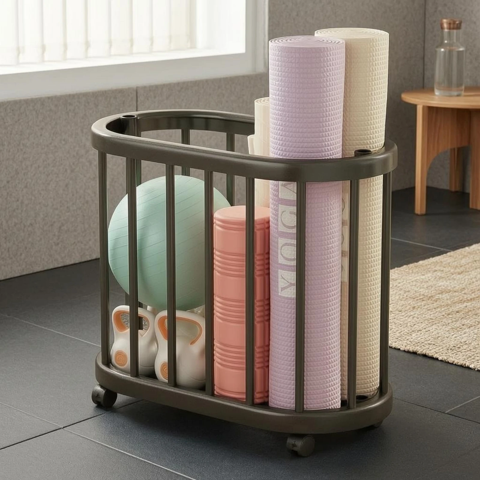 Stretching Mat Trolley Plastic Gym Equipment Storage Trolley Stretching Mat Storage Rack Raised Rim Space-Saving Design