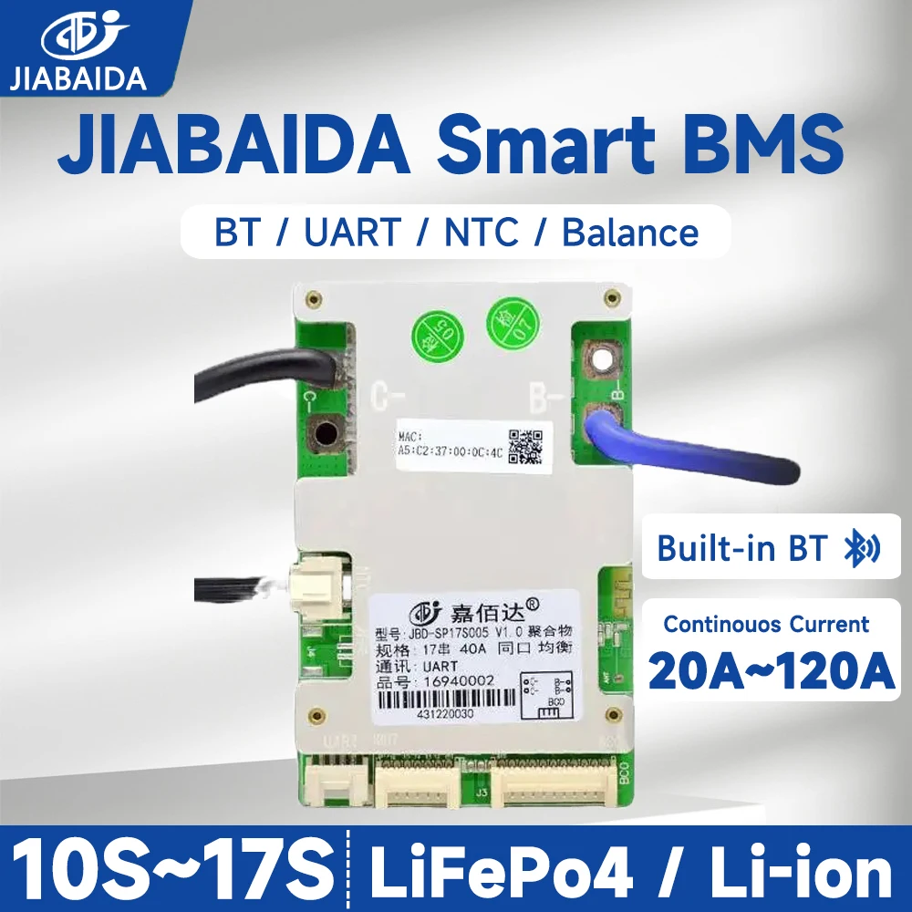 JIABAIDA BMS 10S 12S 16S 17S Compatible LiFePo4 Li-ion Battery 20A-120A Current Charge Protect JBD Smart BMS BT UART Balance