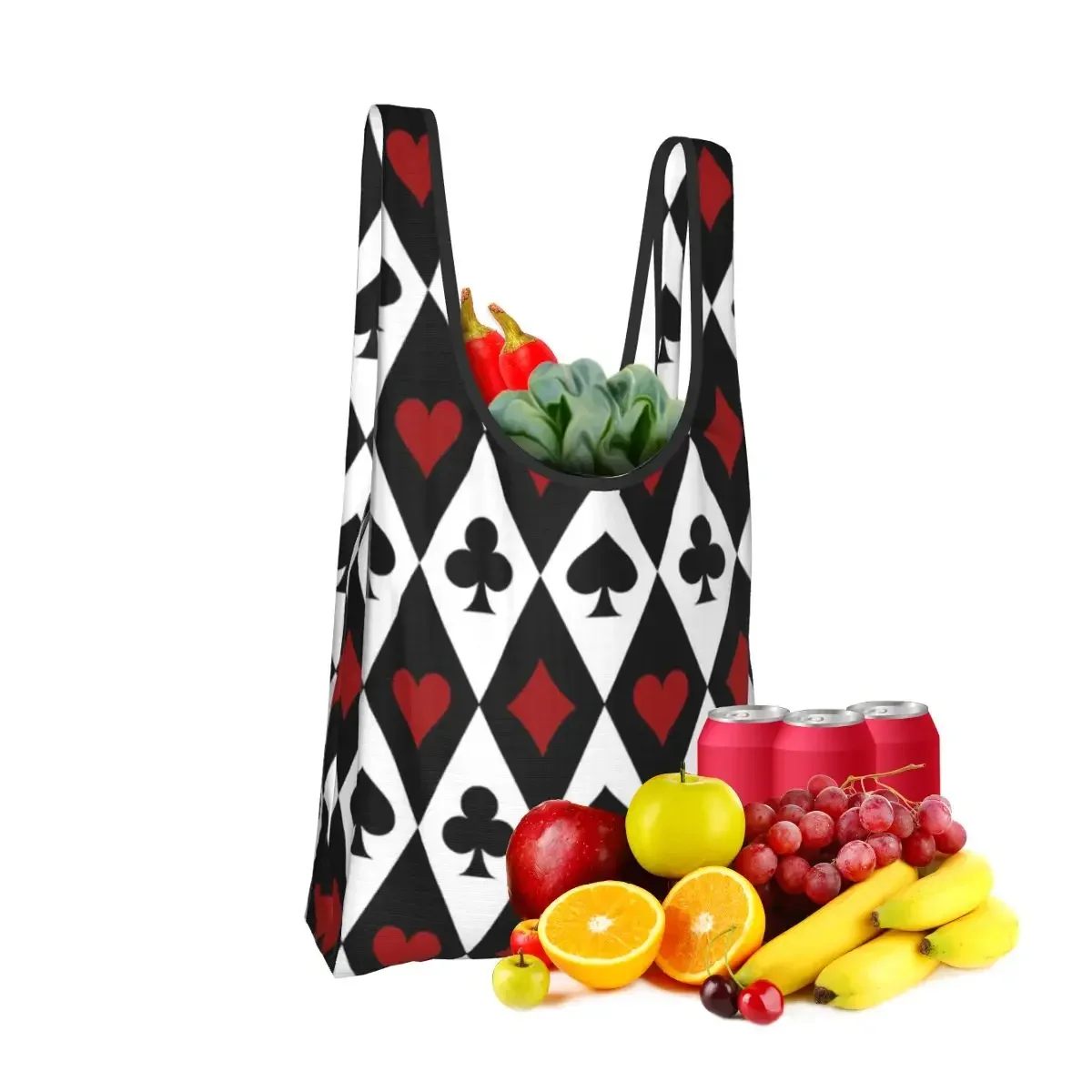 Playing Card Pattern Print Shopping Bag Portable Tote Bags Foldable Shoulder Shopper Bag Groceries Handbag