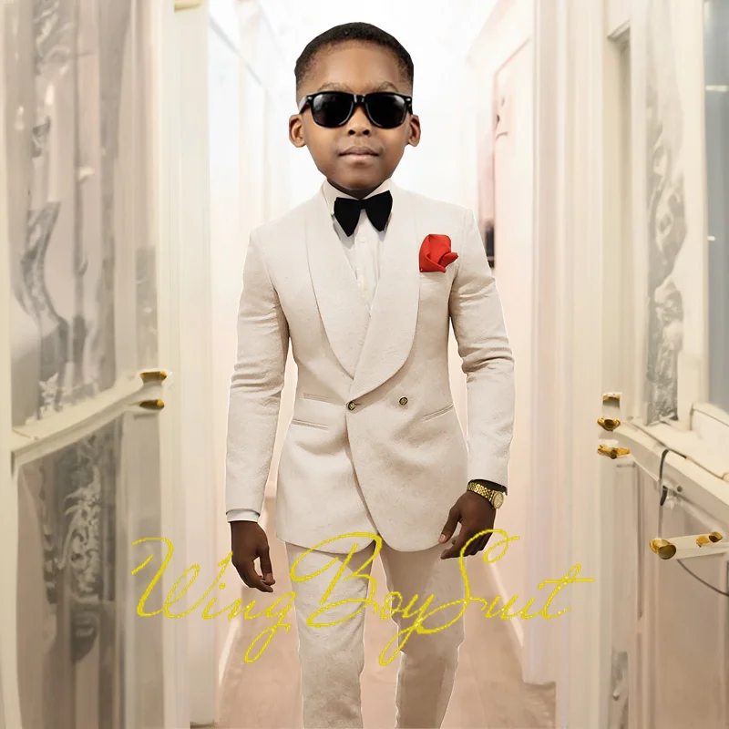 White Boys Wedding Tuxedo Kids Suit 2 Pieces Double Breasted Jacket Pants Floral Pattern Custom Clothes