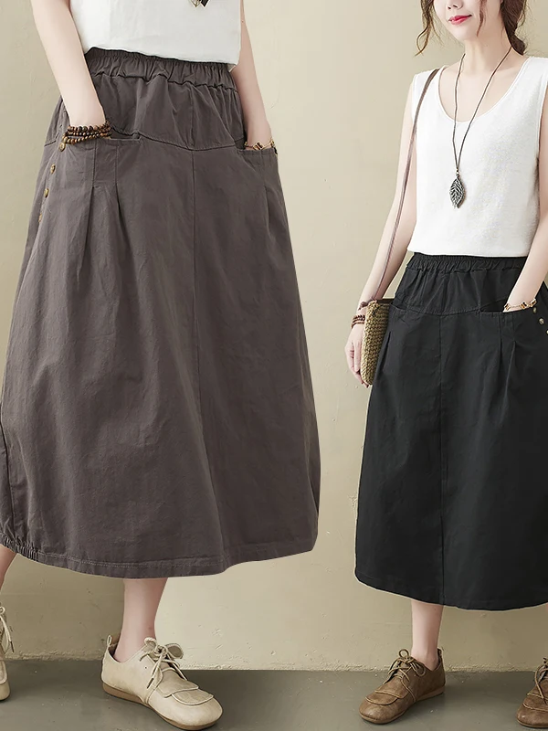 Elegant Cotton Linen A-Line Midi Skirt Women's Summer High Waist Floral Bloom plus Size Versatile Office Commute Style