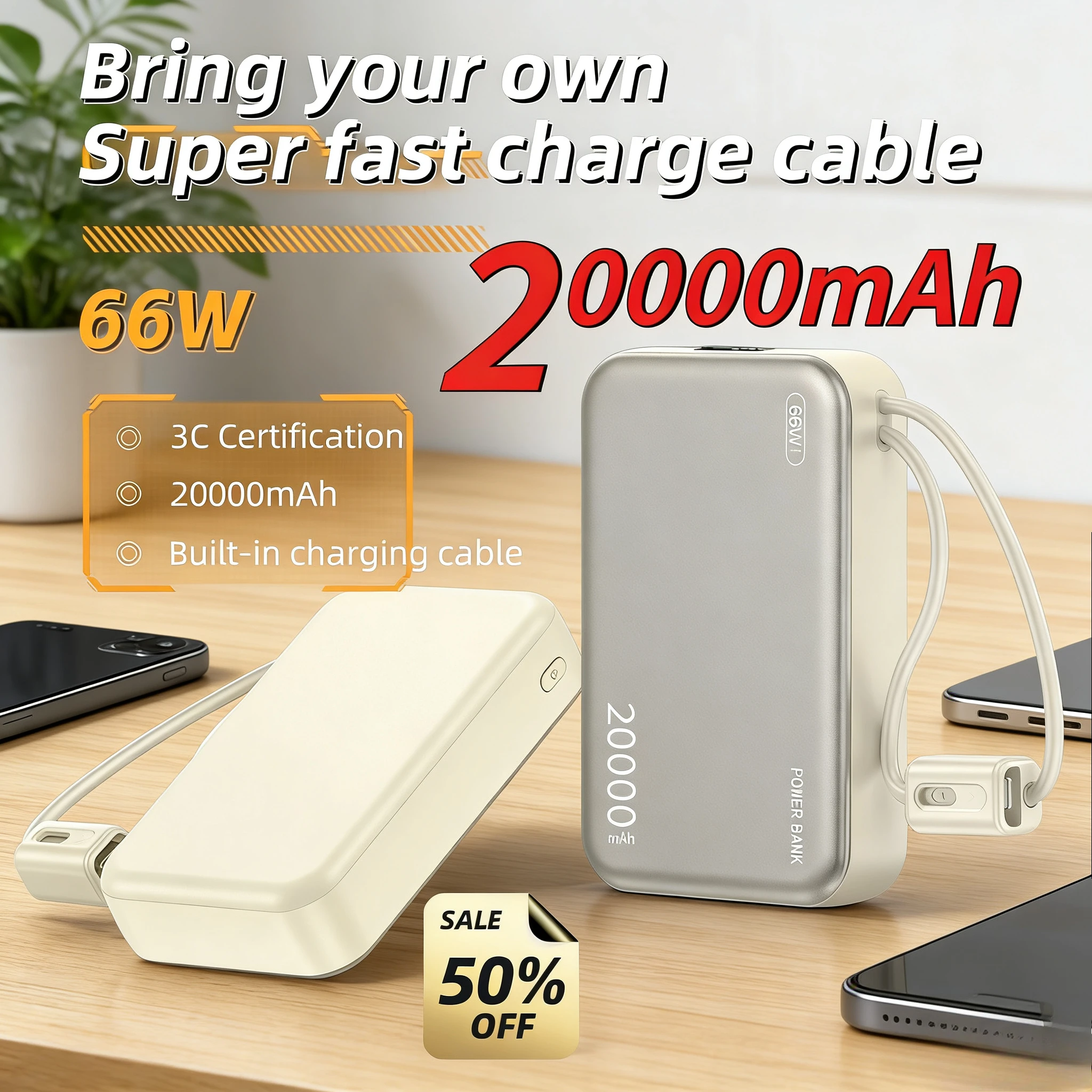 

20000mAh Power Bank Built in Cables 66W Fast Charging External Battery CCC 3C Power Bank for Samsung IPhone Xiaomi