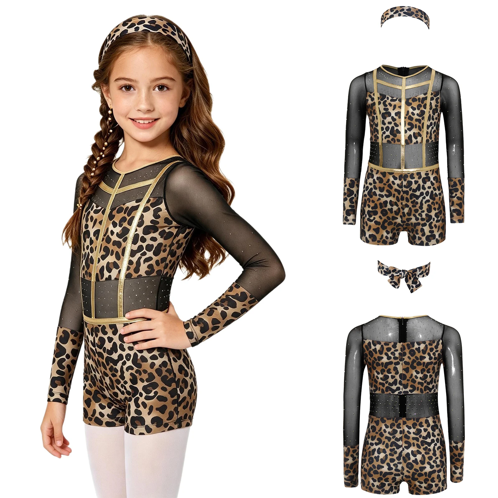 6-16Y Girls Leopard Print Caveman Ballet Dance Gymnastics Bodysuit with Headband Halloween Primitive Man Tribe Dress Up Costume