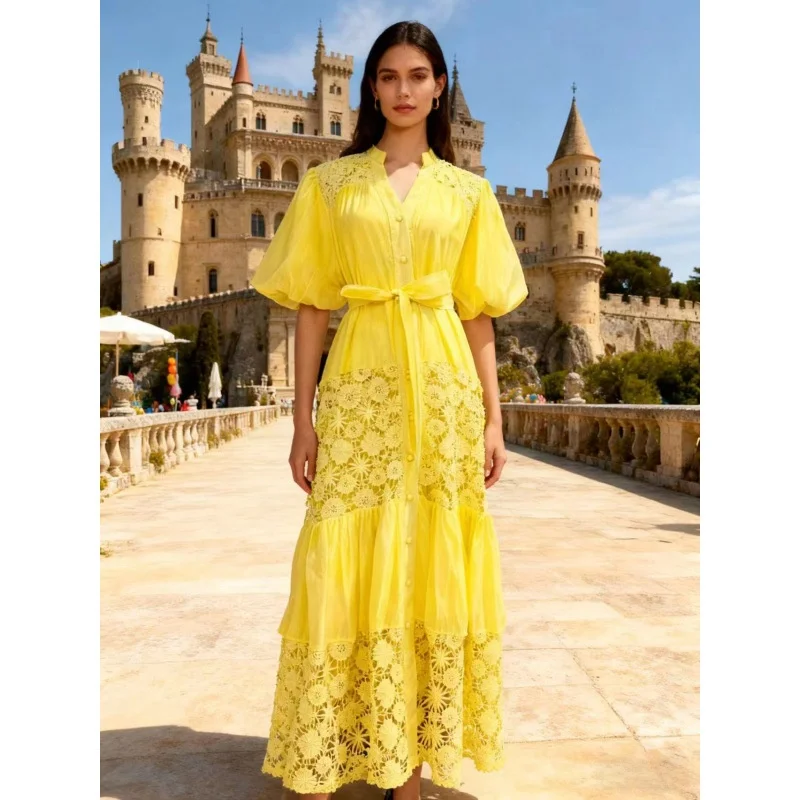 Ele cor pura longo dr com renda oco flor cintura cinching cinto bolha sve texturizado sensação tribunal sle dr