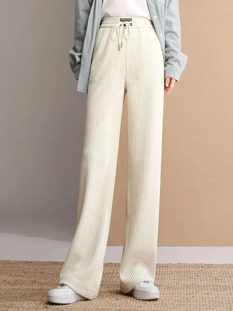 LOUIS YAO Women Pants Wide-Leg Straight Casual Pants 2024 New Arrival High-Waisted Corduroy Trousers Women's Pants