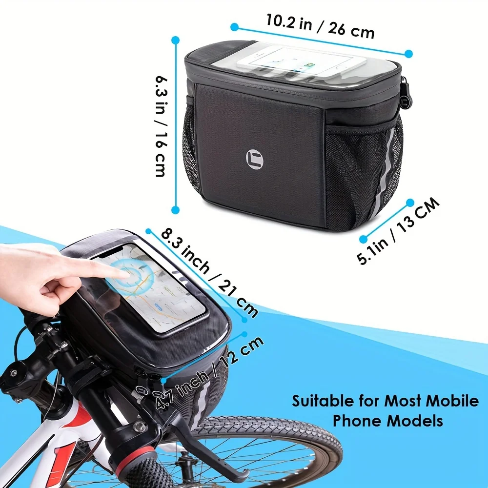 Bike Handlebar Insulated Bag, Bike Front Phone Bag Cooler Storage Pouch With TPU Touch Screen Insulation Bicycle Frame Bag