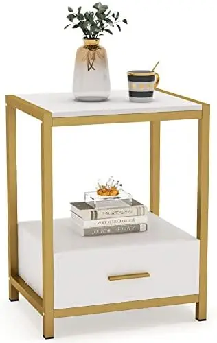 

25 inch Tall End Table Set of 2 with Drawers and , Modern Bedside Table Nightstands for Bedroom, Living Room (2pc, Gold and Whi