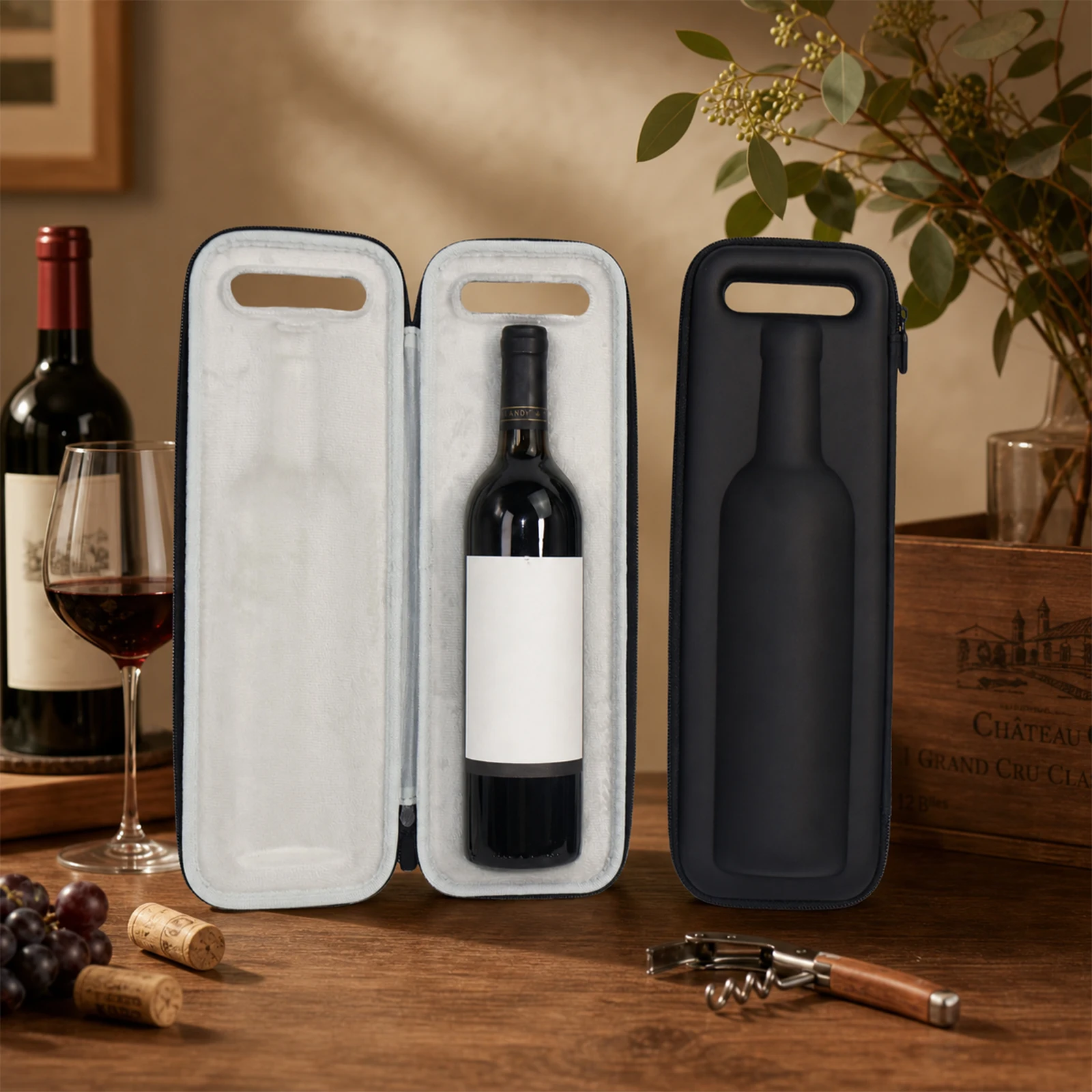 Travel Wine Bag PU Leather Hard Shell Wine Tote Bag Fits Most 750ml Bottles Shock-Absorbing Lining for Travel Picnics Beach