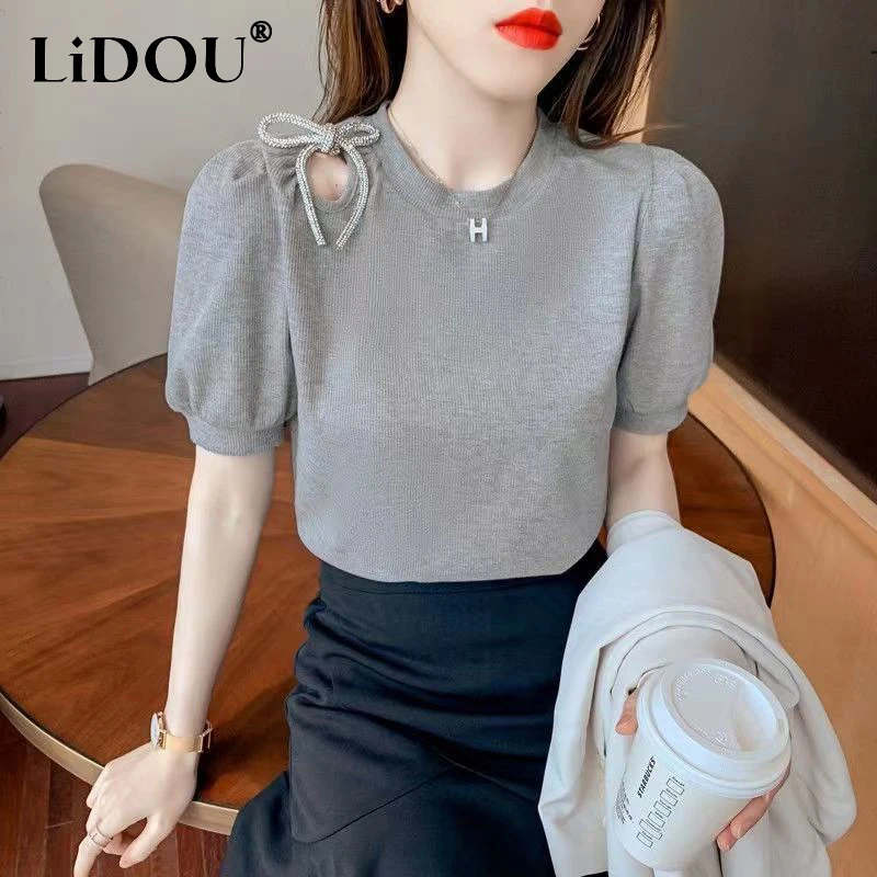 2023 Summer Round Neck Hollow Out Lace Up T-shirt Female Puff Short Sleeve All-match Top Women Loose Casual Solid Pullover Tee