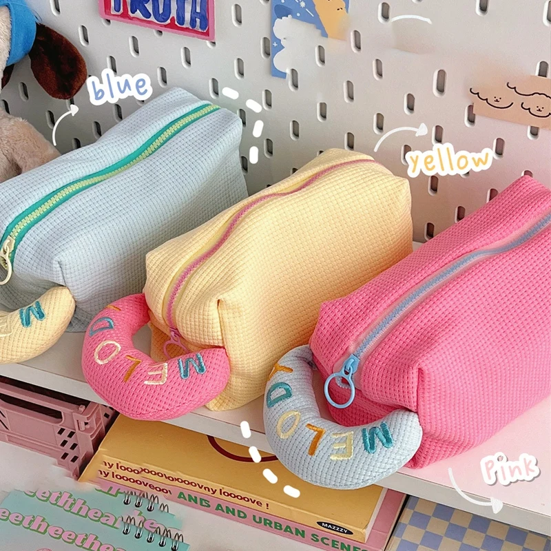 Cream Puff Pencil Case Waffle Storage Pouch Contrast Color Large Capacity Cosmetic Bags Kawaii Student Stationery Organizer Bag