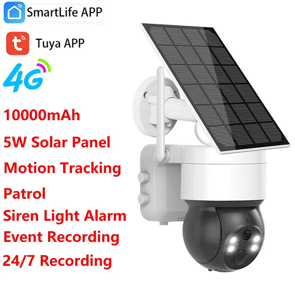 

4G LTE Tuya Smart 3-мегапиксельная батарея, солнечная Wi-Fi, уличная сирена Tuya, SIM-карта, PTZ-отслеживание движения, защитная камера безопасности