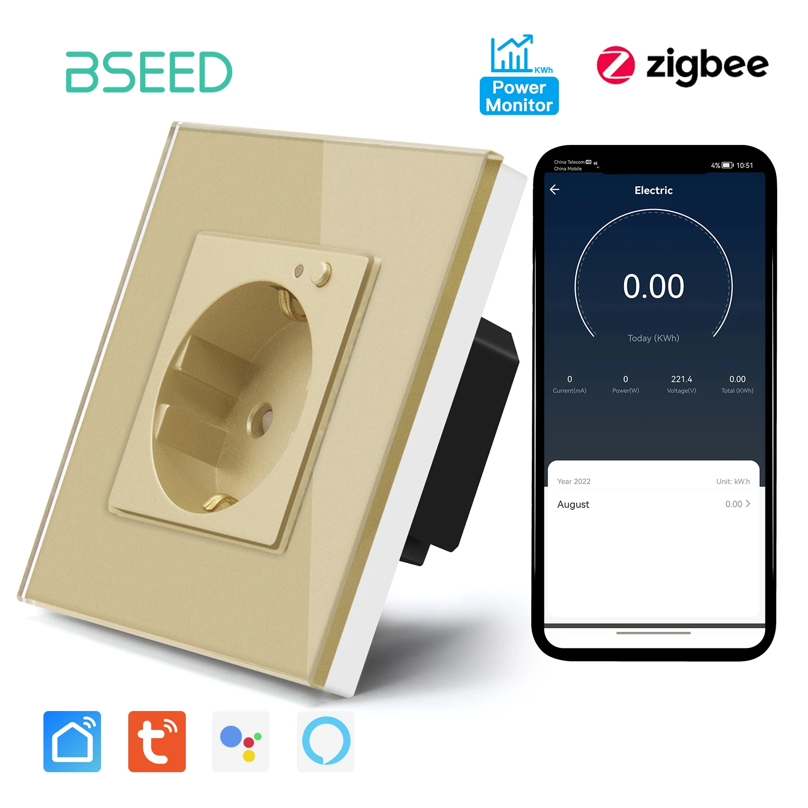 Bseed eu zigbee energie monitor wand steckdose kristallglas rahmen doppel smart outlets google home alexa smart life sprach steuerung