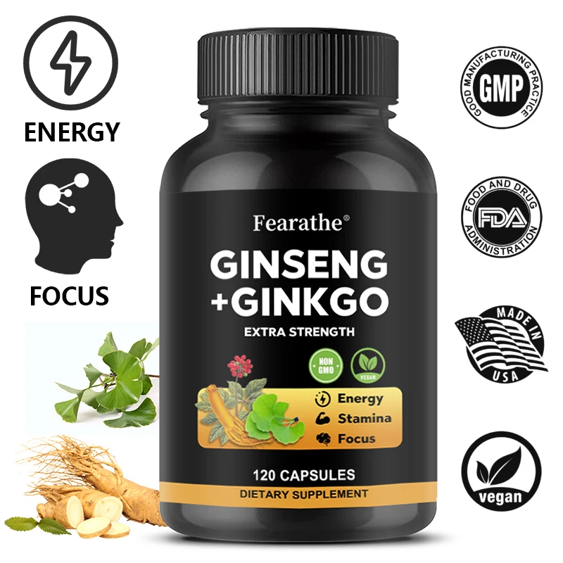 Korean Ginseng+ Ginkgo, 120 Veggie Caps, Ginseng Root Extract 1650mg (10% Ginsenosides) + Ginkgo, Energy & Focus for Men & Women