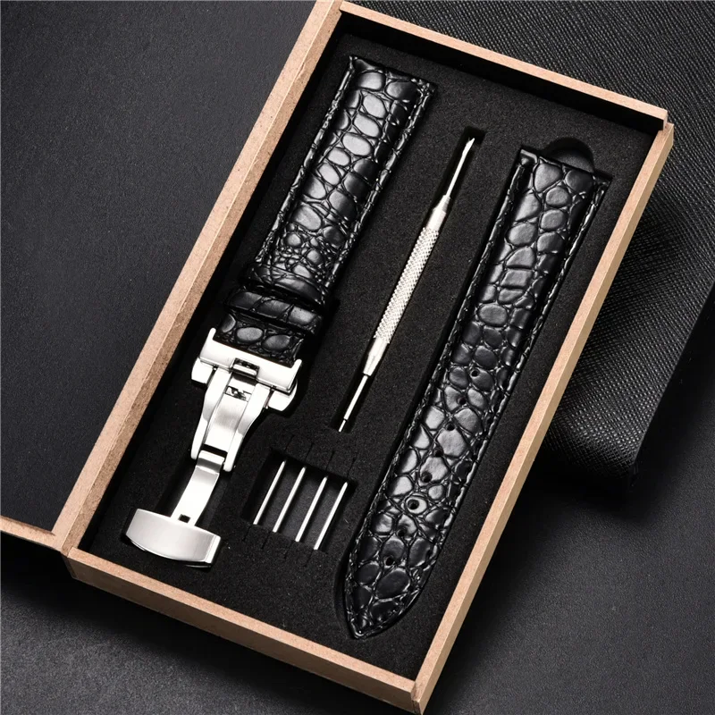 Crocodile Pattern Leather Watch Strap for Men Women Watch Band with Box Butterfly Deployment Clasp 18mm 20mm 22mm 24mm Straps