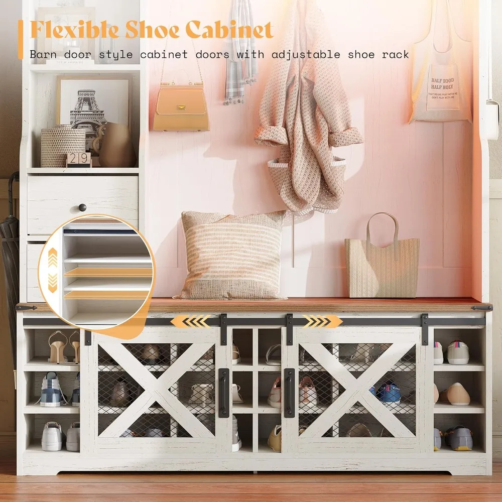 75' 7-in-1 Farmhouse Hall Tree with Bench and Shoe Storage, LED Entryway Bench with Coat Rack, 12 Shoe Cubbies, Customized