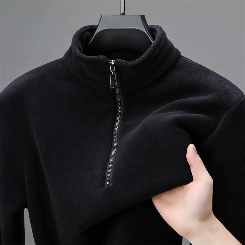 Thickened Fleece Sweatshirt Men's Autumn Winter Half High Collar Warm Base Shirt Half Zipper Slim Long Sleeve T-shirt