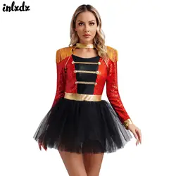 Womens Circus Ringmaster Cosplay Costume Lion Tamer Role Play Outfits Tassel Shoulder Boards Sequin Tulle Skirt Bodysuit Dress