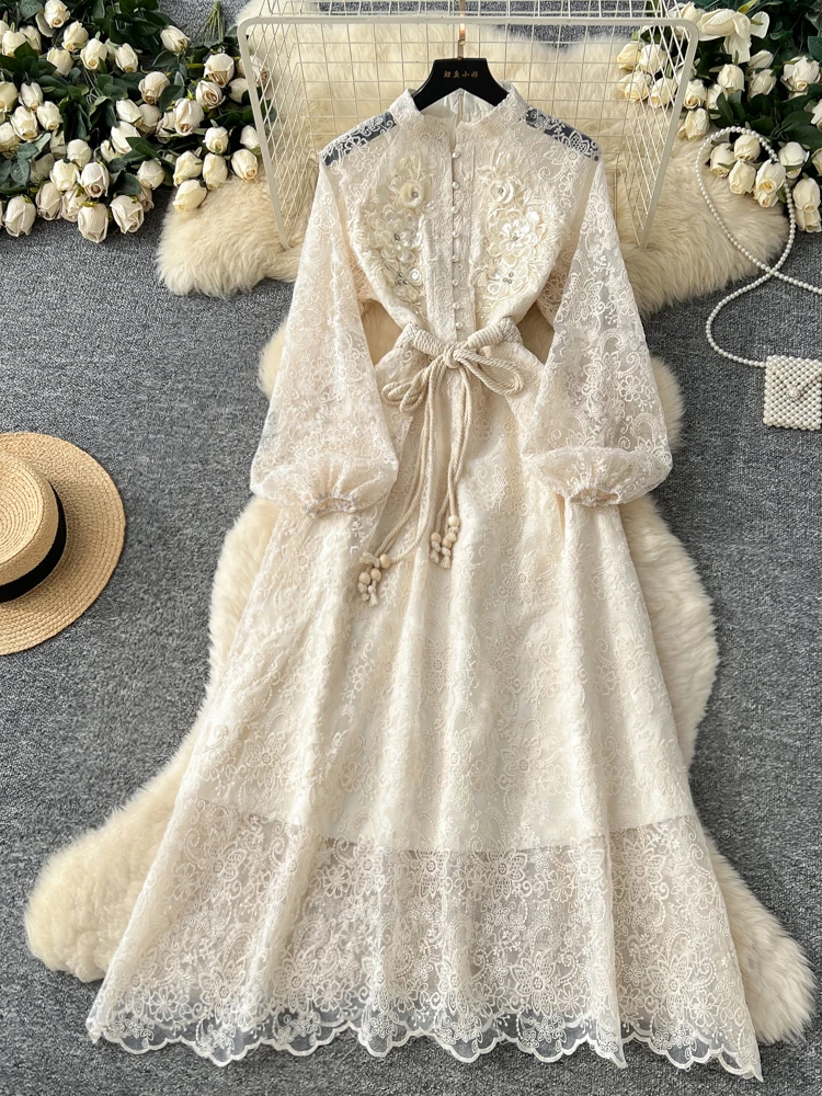 

Spring Autumn French Light Luxury Nail Diamond Party Dress for Women New Three Dimensional Flower Mesh Long Sleeve Dress S249