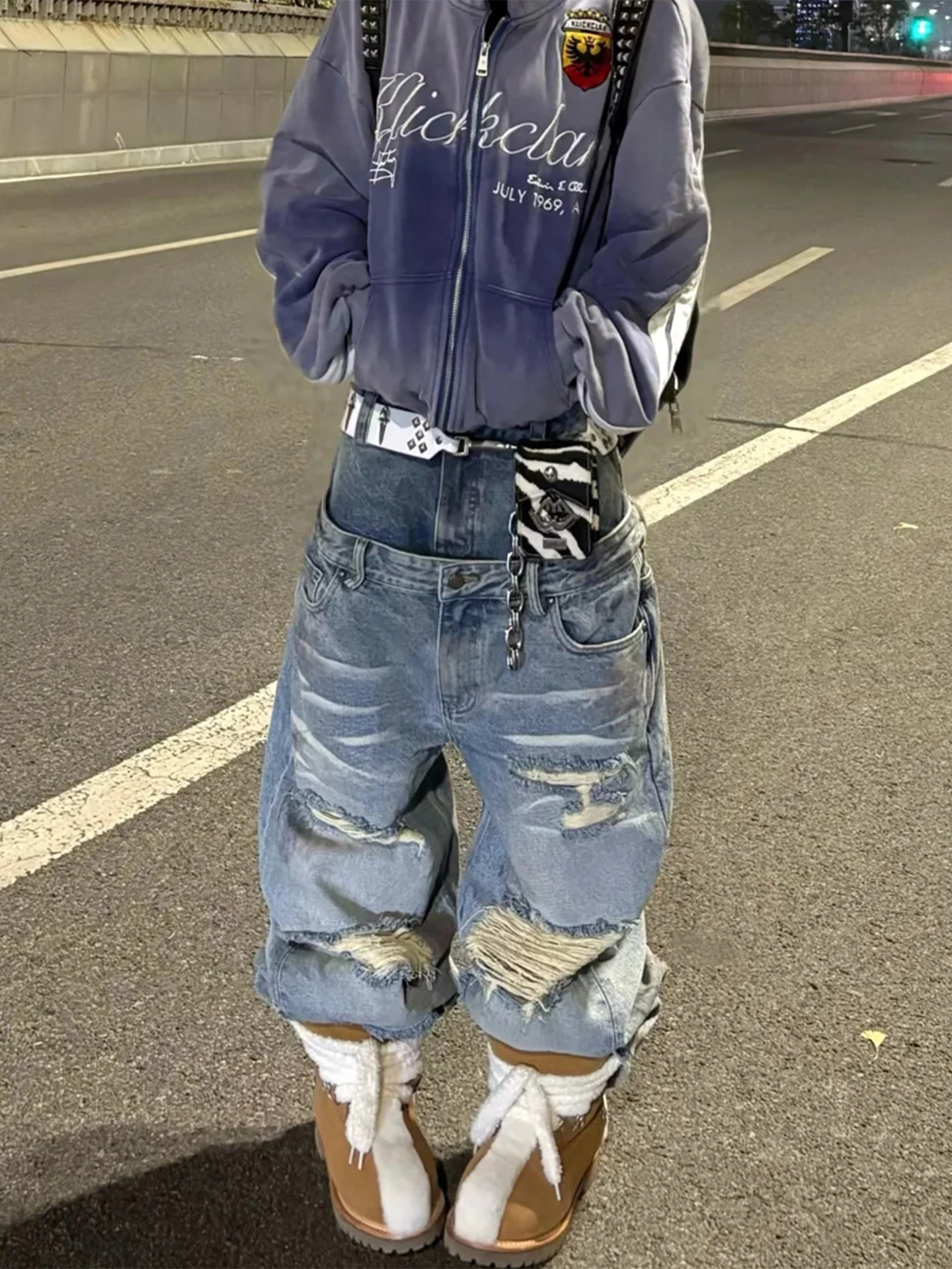 Retro American Washed Denim Pants Women's Autumn Winter Loose Long Trousers Wide Leg Jeans Female Fashionable Hole Design