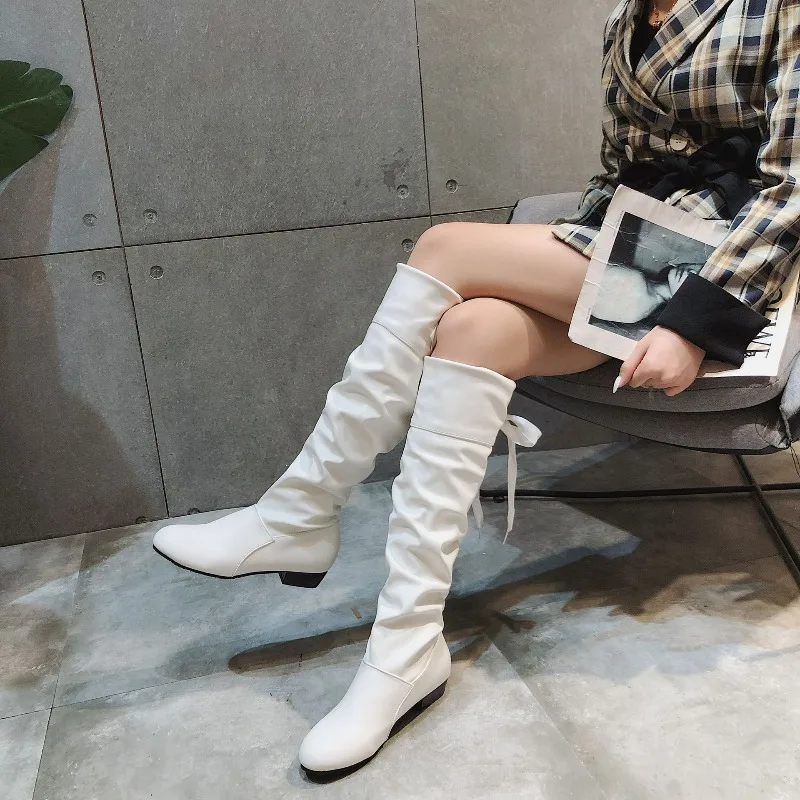Women's Knee-high Boots 2025 Pleated Low Heel Casual Leather Female Boots Designer Heel High Red Leather Boots Plus Size 35-43 - Image 2