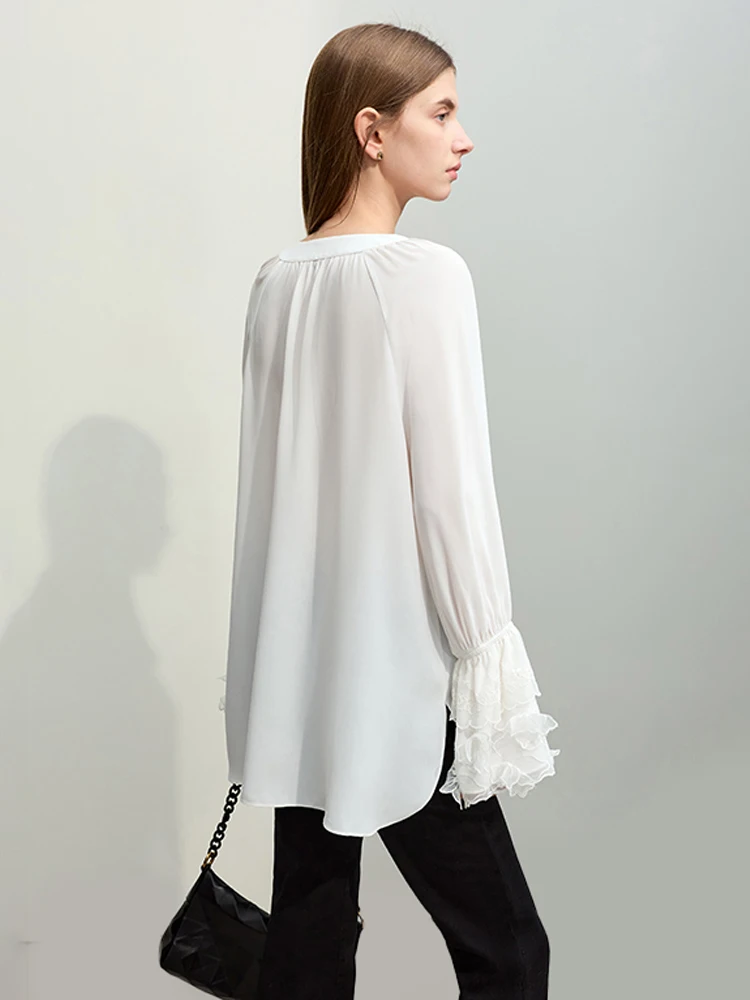 AMII Minimalism Women Lace Chiffon Shirts 2024 Spring New V-neck Tie Mid-length Flare Sleeve Fairy Style Loose Blouses 12441219