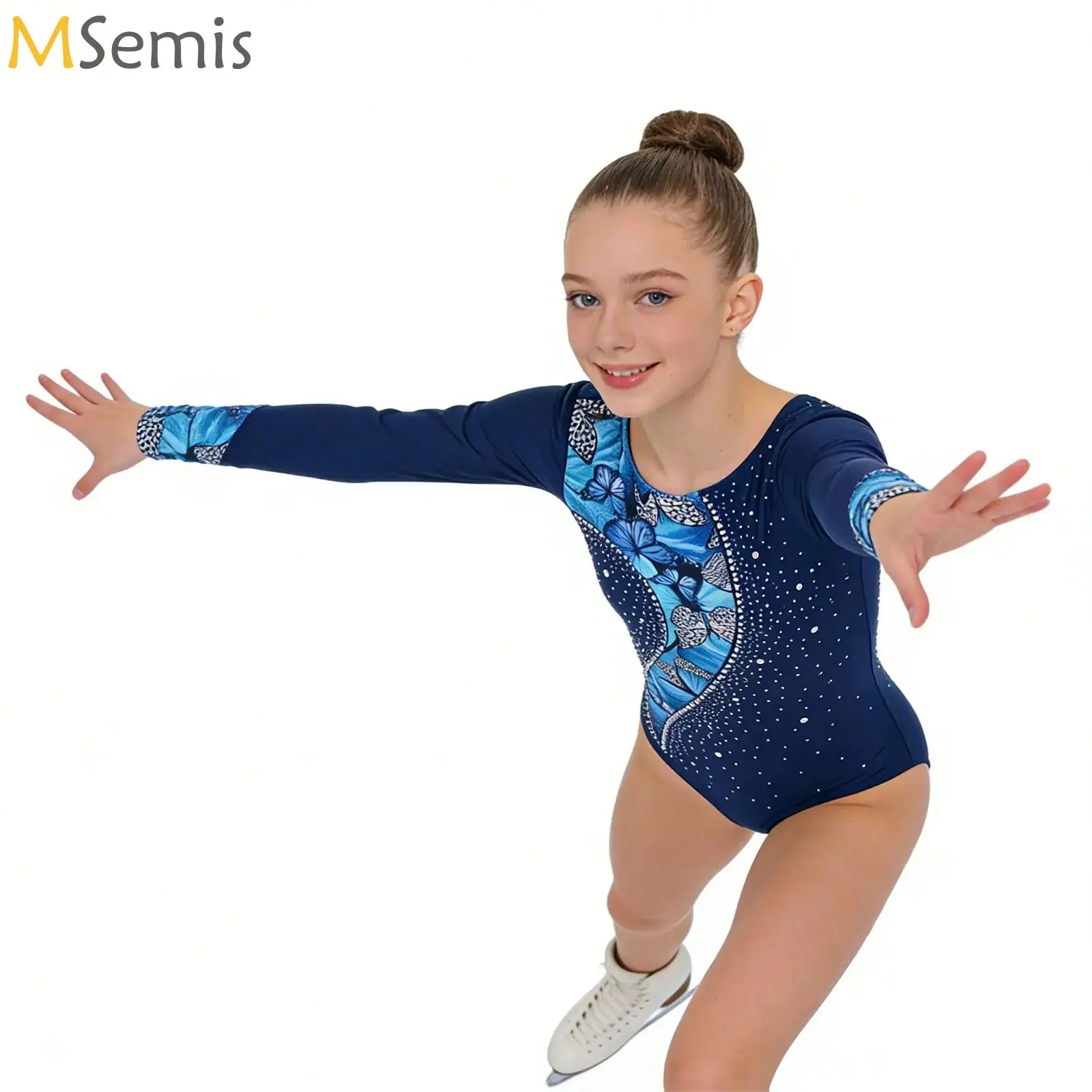 

Womens Gymnastics Ballet Jersey Dance Bodysuit Print Rhinestones Long Sleeve Leotard Jumpsuit Dancewear for Training Performing