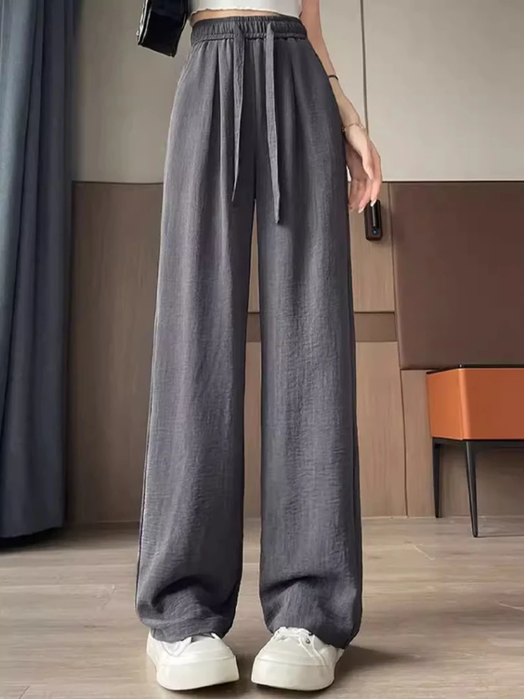 

Широкие брюки из ледяного шелка, женские летние тонкие брюки с высокой талией и текстурой, повседневные брюки длиной до пола