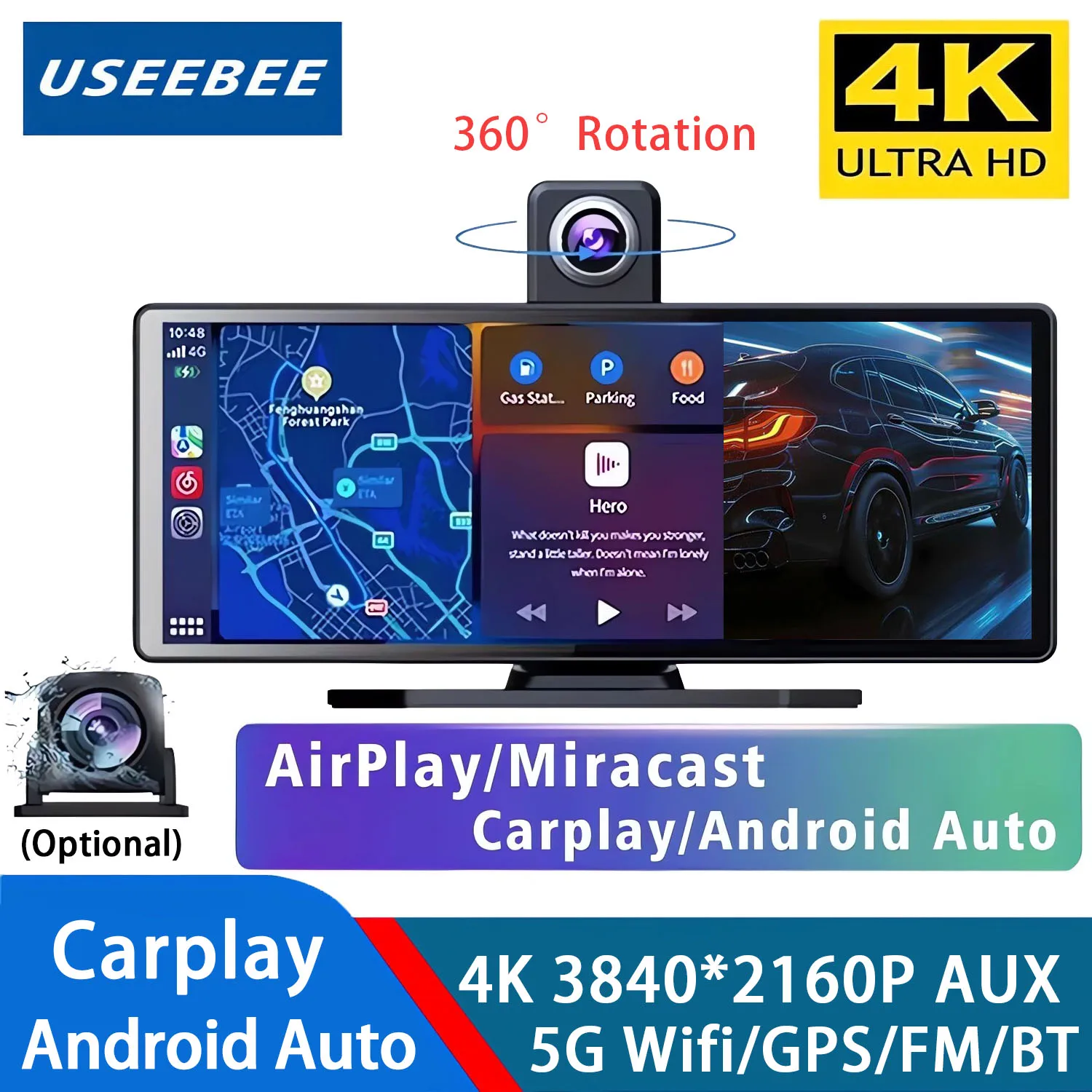 4K 3840*2160P Dash Cam Carplay Android Auto GPS 5G WIFI FM BT Car Dvr Dual Lens Black Box Dashcam Truck Camera Drive Recorder