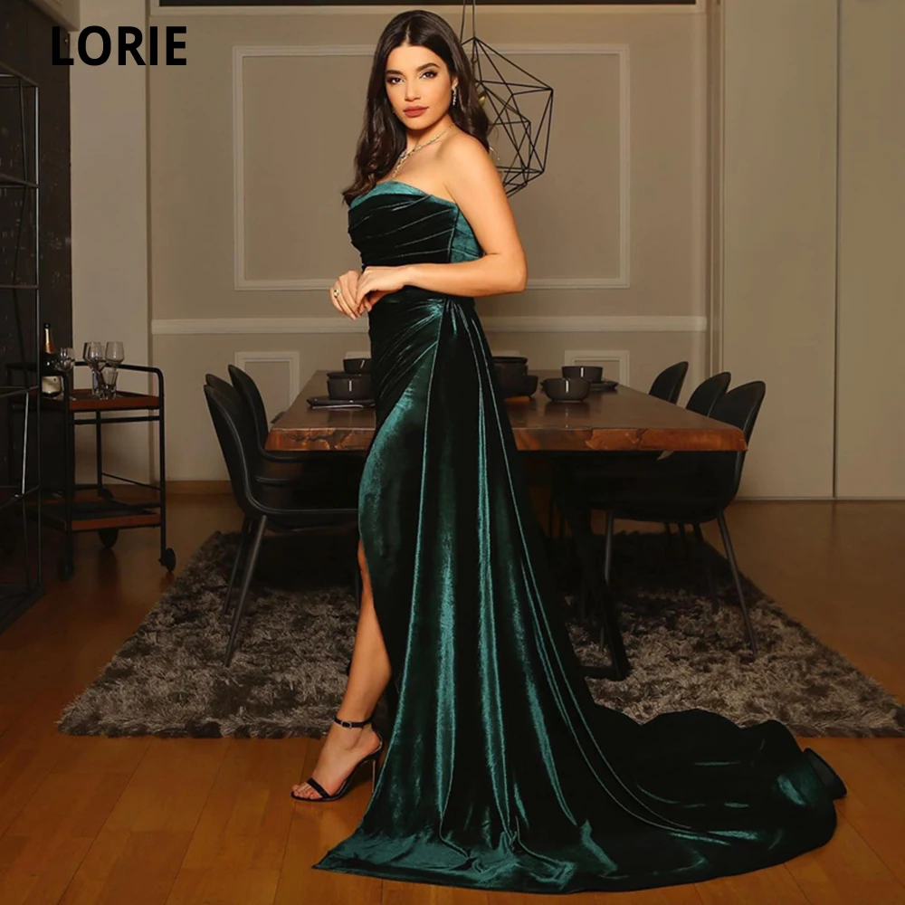 LORIE Green Long Velour Prom Dresses 2022 Party Dress Pleat Formal Evening Robe De Soirée Femme Side Split Vestidos De Noche