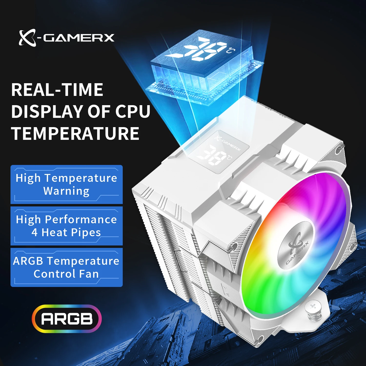 X-Gamerx Z-1300 ARGB CPU Cooler with Digital Temperature Display Radiator 4 Heat pipes For LGA1700/1200 115X AM4 AM5