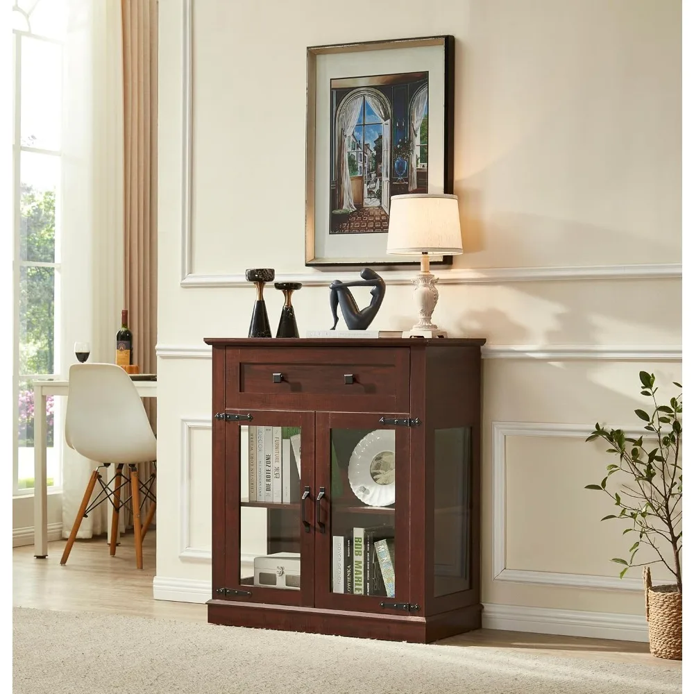 Small Buffet Cabinet with Glass Doors,Wood Coffee bar with Adjustable Shelf,Liquor Cabinet, 2 Doors and one Drawer