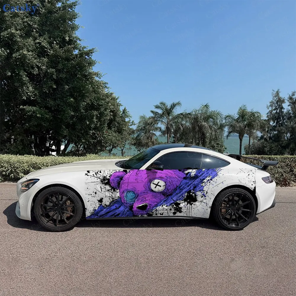 2pcs Splatter Ink Purple Bear Car Side Wraps, Self-Adhesive PVC Waterproof & Scratch-Resistant Stickers, Car Accessory Gift