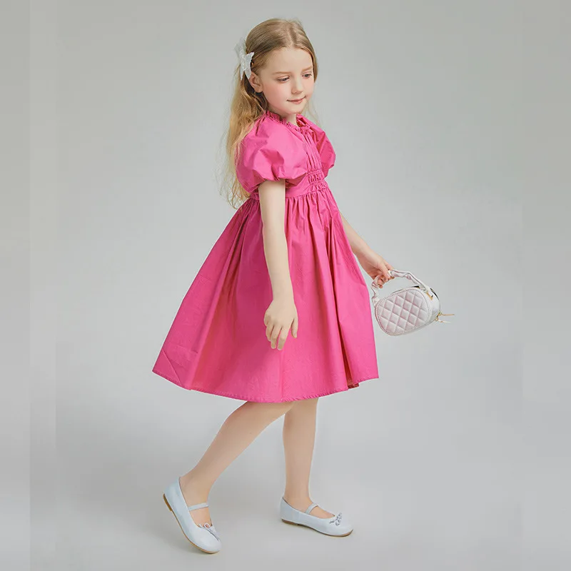 2024 Summer Children Girl Dress Teenager Girl Bubble Sleeve One-piece Dress School Girl Elastic Waist Fluffy Princess Dress