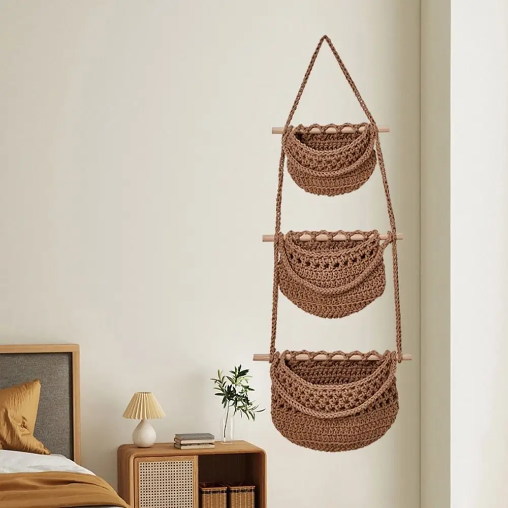

Practical Cotton Rope Hanging Fruit Baskets Handmade Simple Fruit Net Pocket Stylish 3 Tier Storage Bag Living Room