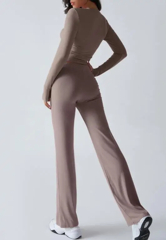 

Two Piece Set Women Outfit 2025 Spring New Round Neck Sports Yoga Long Sleeved Crop T-Shirt & Casual Straight Leg Pants Set