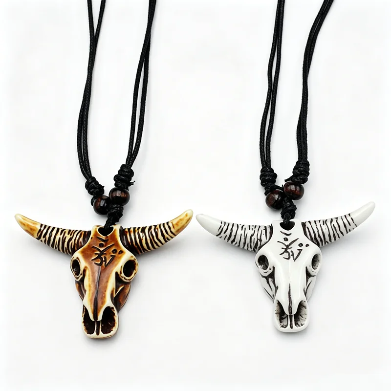 RUEMOY Long Horn Bull Skull Pendant Necklaces, Resin Faux Bone, 2 Colors, Adjustable Wooden Bead Black Braided Cord
