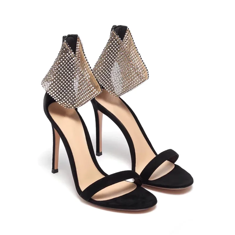 

Crystal Ankle Wrap Bling Bling Sandals Stiletto Open Toe Suede High Heel Women Simple Sandals Nightclub Party Dinner Women Shoe