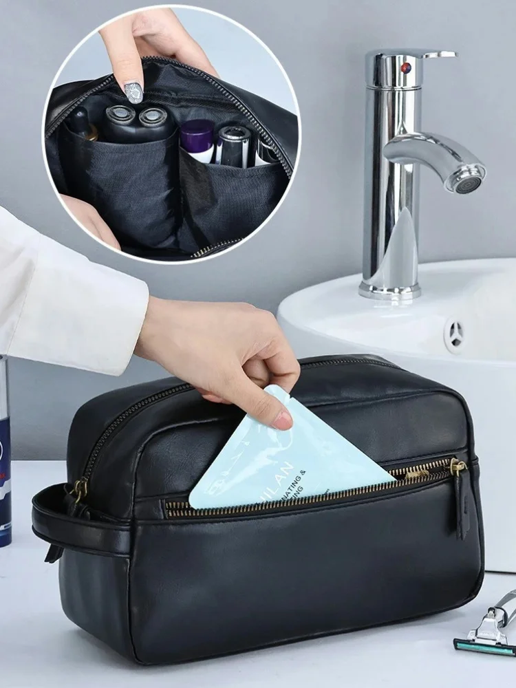 Leather Men Business Portable Storage Bag Toiletries Organizer Women Travel Cosmetic Bag Hanging Waterproof Wash Pouch Makeup